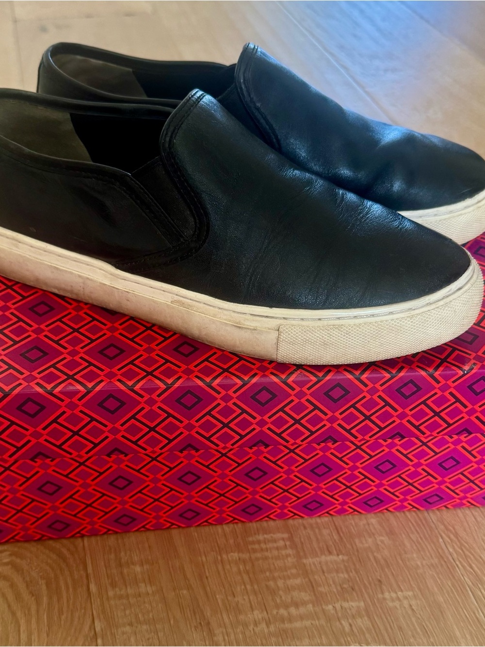 Black Leather Tory Burch Addison Slip-On Sneakers with White Sole